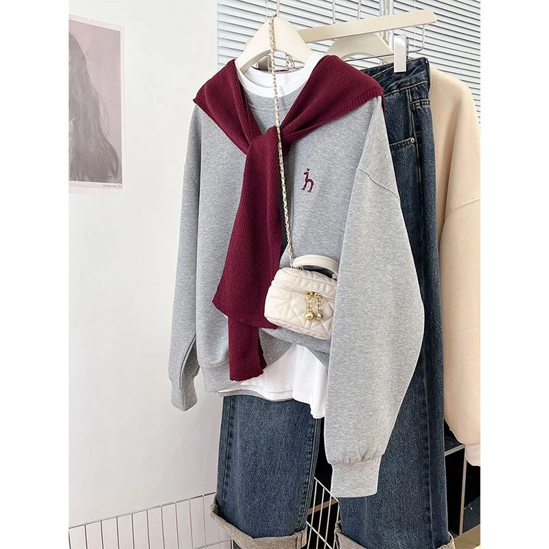 刺绣披肩圆领套头卫衣两件套女秋冬慵懒风休闲200斤胖mm大码上衣