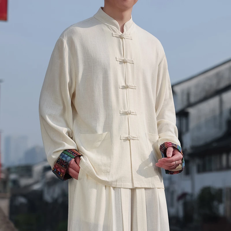 唐装夹克外套男中国风棉麻长袖衬衫复古新中式汉服太极服宽松上衣