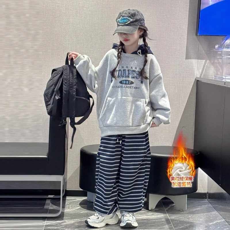 女童加绒卫衣秋冬装2025新款女大童洋气韩系穿搭衣服女孩加厚上衣