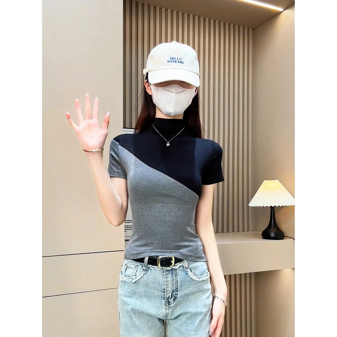 半高领撞色t恤女短袖2025春夏季新款不规则高级气质修身显瘦上衣