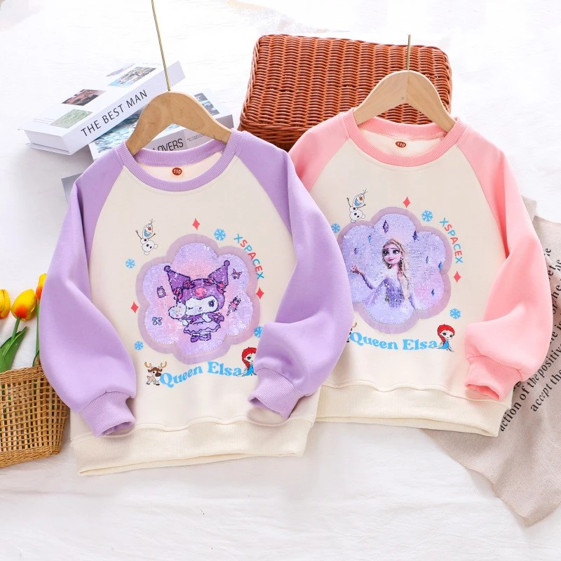 女童变色亮片卫衣儿童秋冬加绒卫衣圆领套头衫上衣女孩子卡通衣服