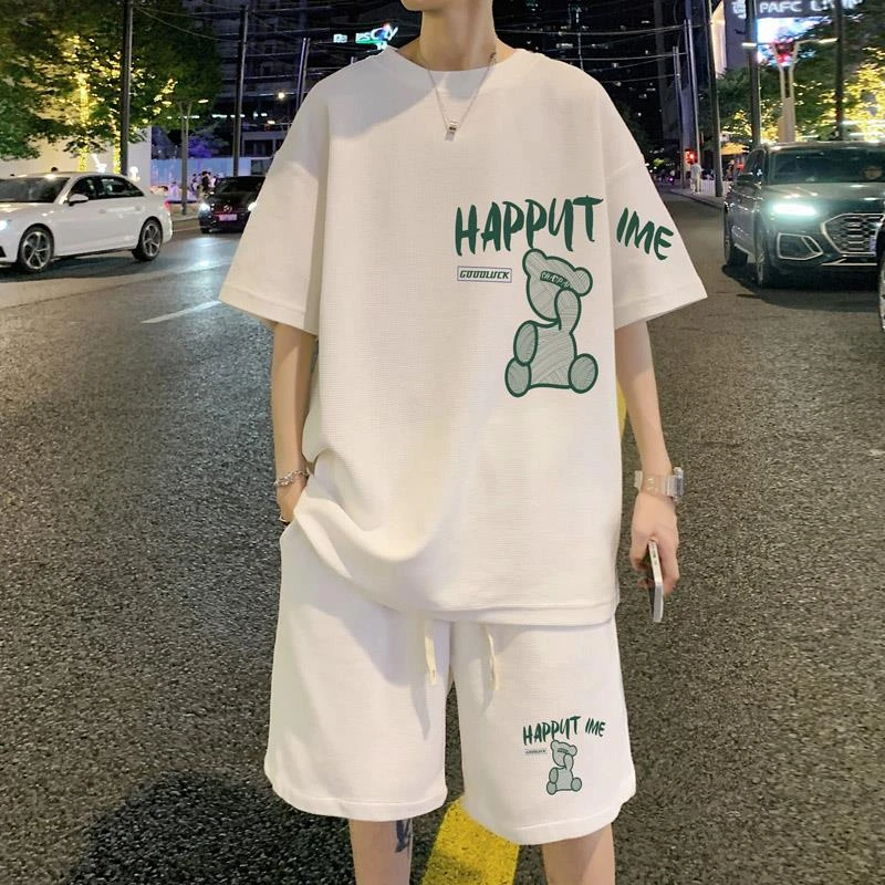 FAVMARTHA华夫格冰丝运动套装男生夏季时尚潮牌青少年初中高中学