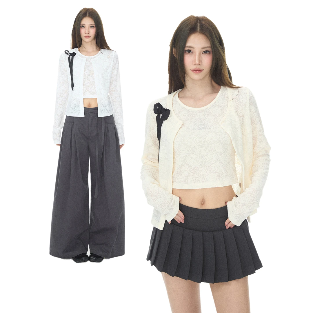 iamannieww秋季新款玫瑰少女柔美蕾丝背心开衫两件套百搭上衣外套