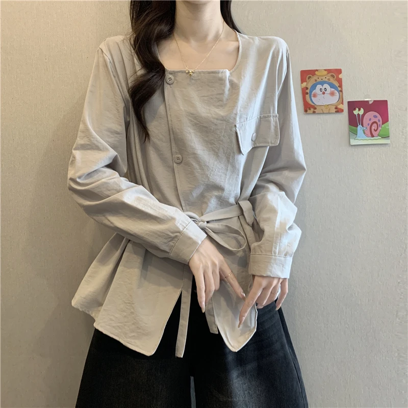 大码遮肚子设计感方领绑带长袖衬衫女春秋胖妹妹宽松显瘦正肩上衣