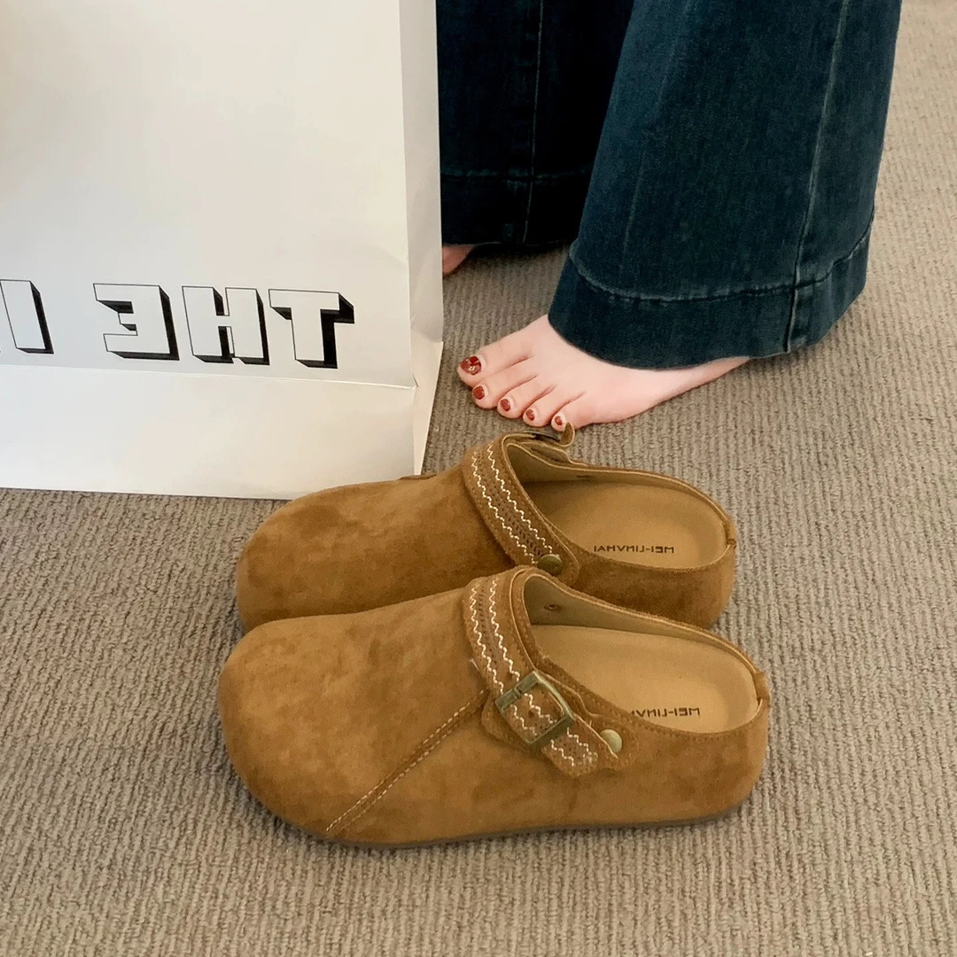 三福真皮厚底内增高两穿勃肯包头拖鞋女外穿2025新款秋季博肯拖鞋