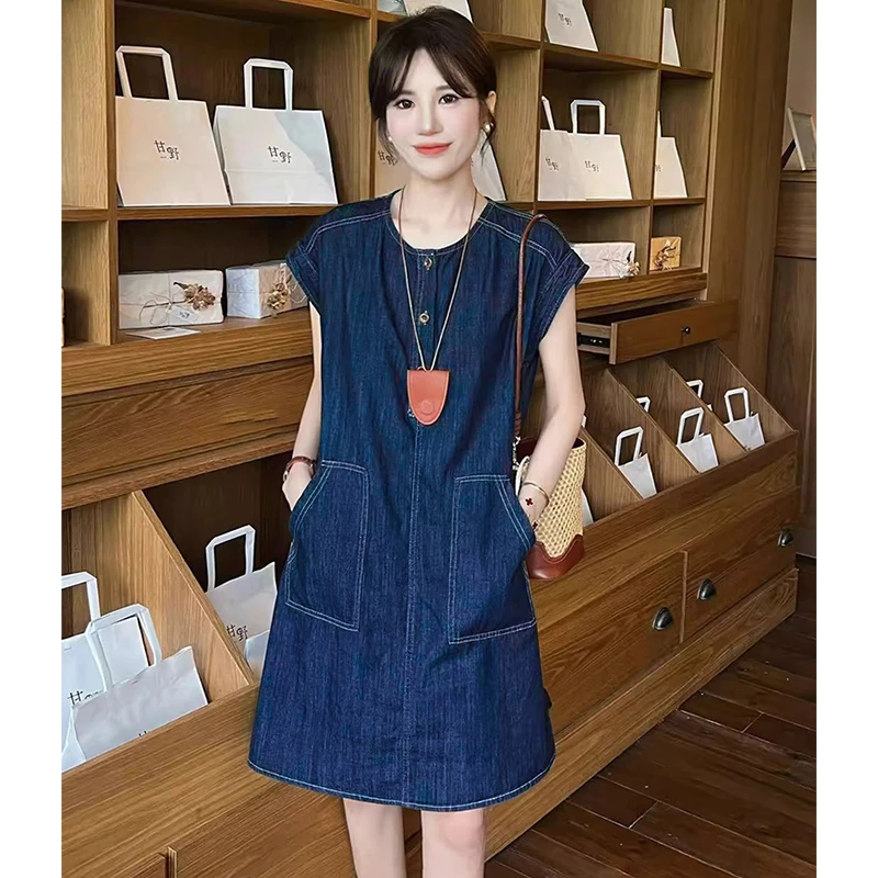 法式复古牛仔裙2025夏季新款韩版简约气质韩系薄圆领牛仔连衣裙女