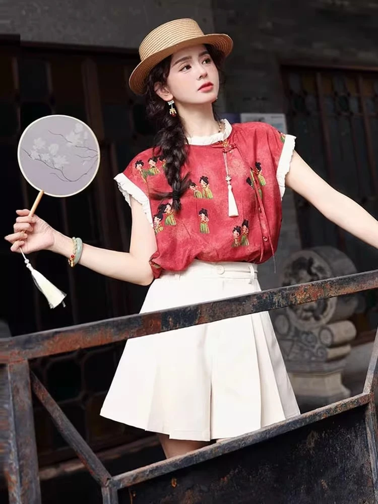 时尚短袖衬衫女2025夏季新款洋气显瘦国风木耳边小个子上衣小衫潮
