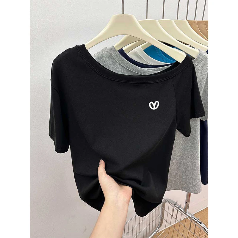 潮流款热卖斜肩短袖女t恤小众高级感时尚洋气上衣打底衫2025夏季