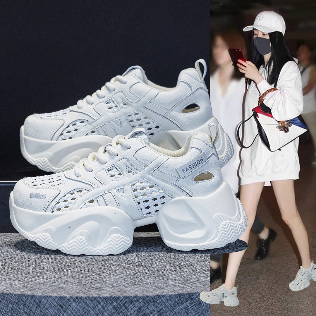 万达撤柜头层牛皮7厘米松糕鞋女2025秋天镂空轻奢编织ins风女潮鞋