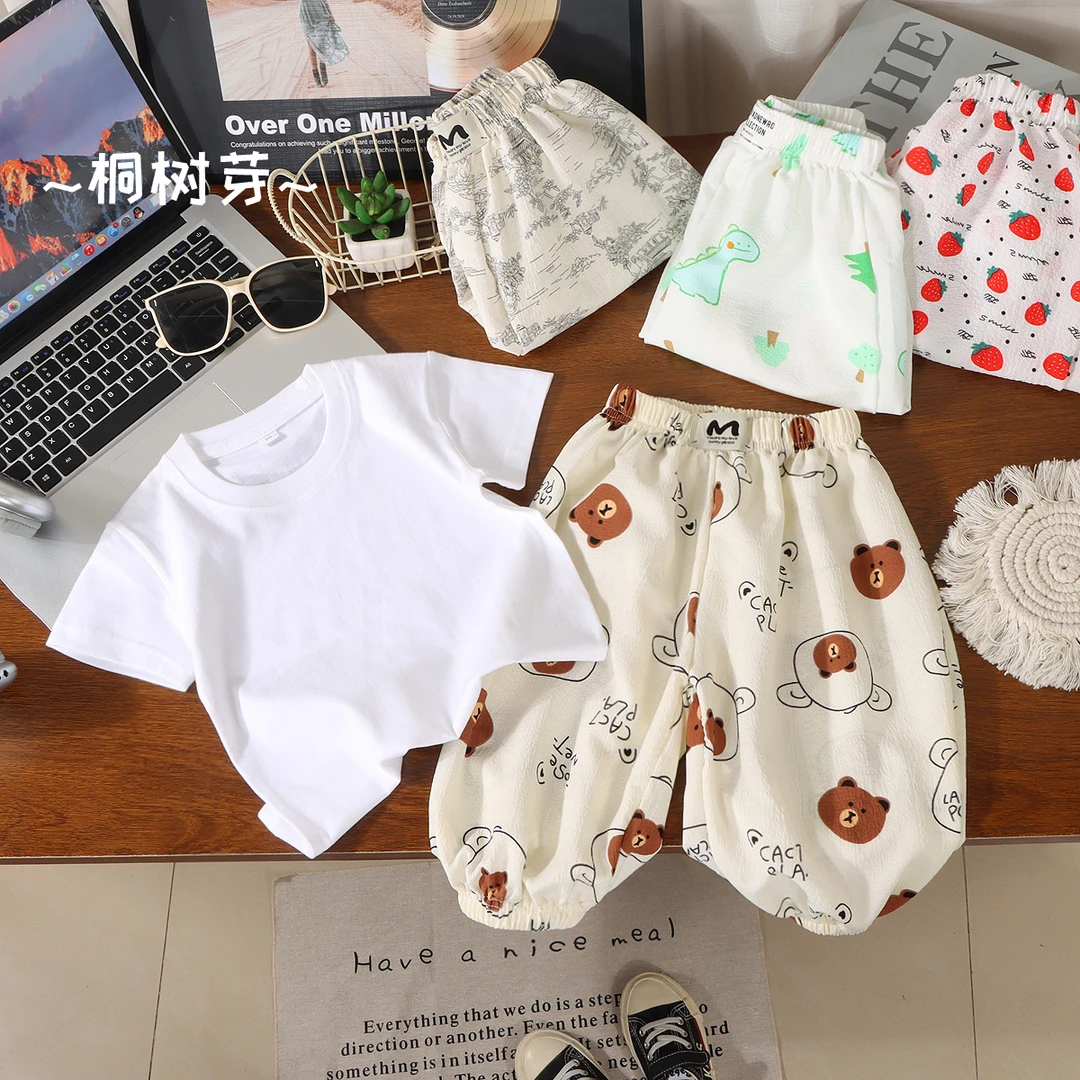 【纯棉短袖+防晒裤】夏季儿童纯棉短袖泡泡棉防蚊裤七分裤洋气套装