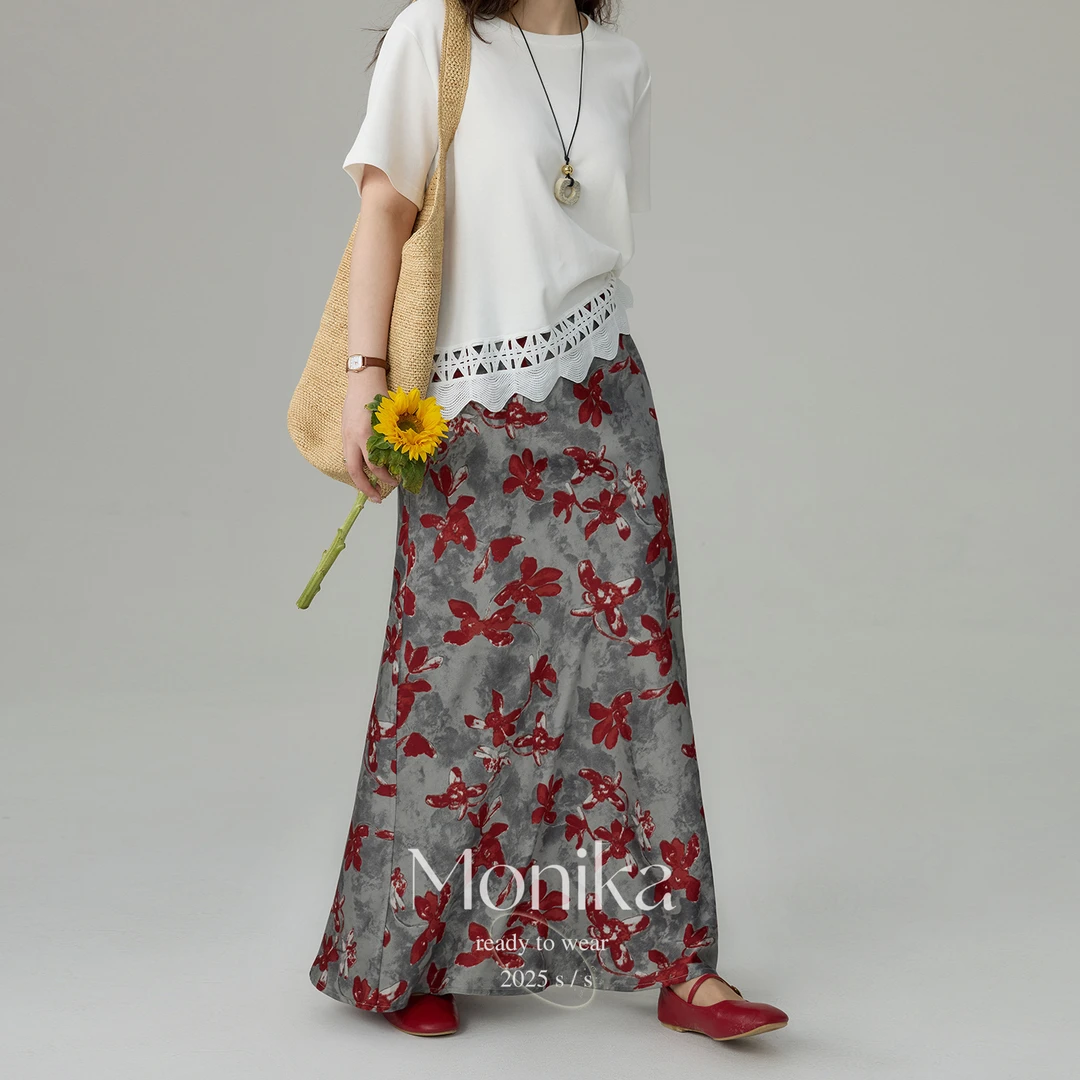 大码女装复古气质碎花显瘦缎面半身裙胖mm遮胯显瘦a字长裙4920