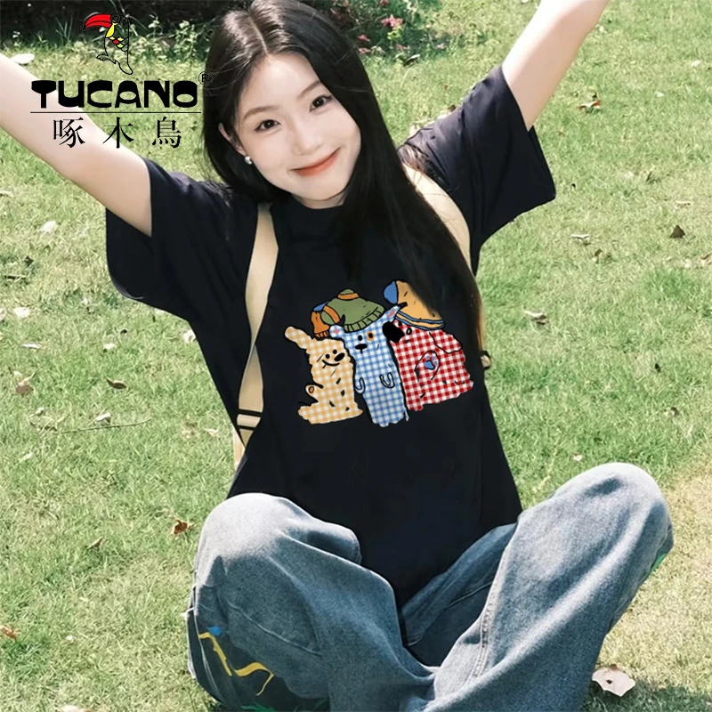 【啄木鸟】美式设计感趣味卡通印花纯棉短袖t恤女2025年夏新款上衣