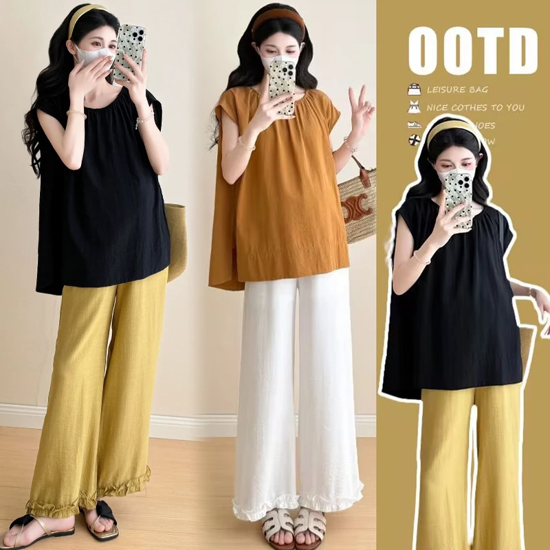 大码女装2025春夏季新款时尚休闲短袖上衣外穿气质百搭阔腿裤套装
