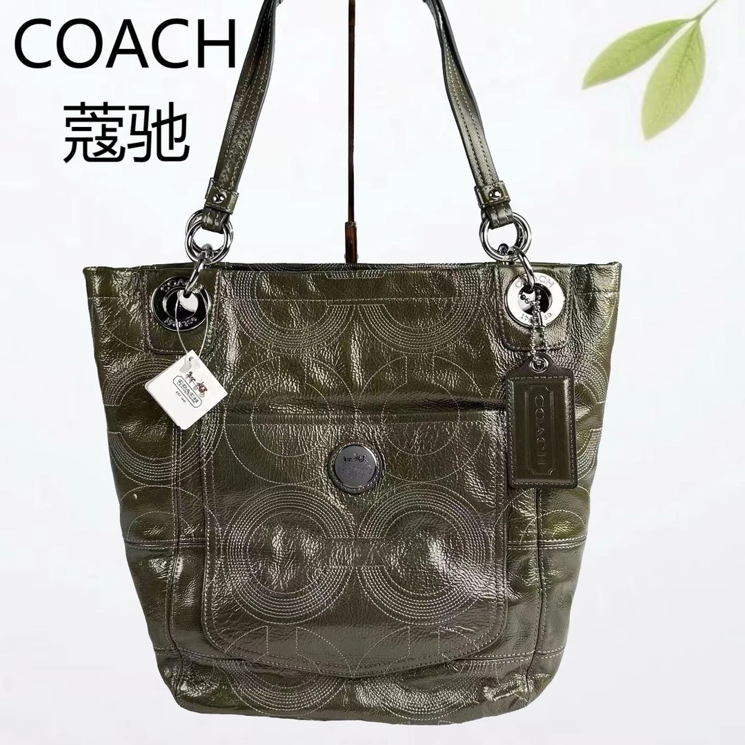 99新 COACH/蔻驰 军绿色油蜡皮单肩包G25803823底长22X26