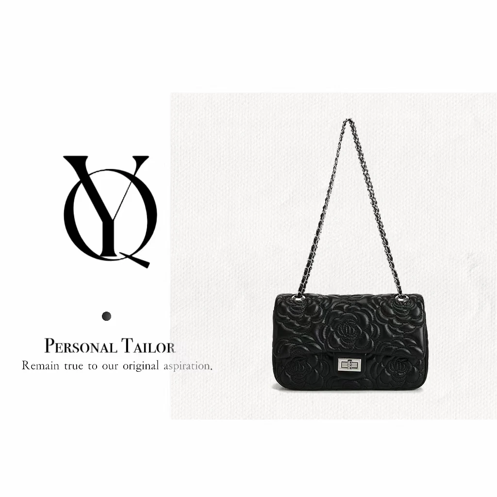 【羽乔甄选】小香风山茶花时尚链条包单肩斜跨包-黑色5581
