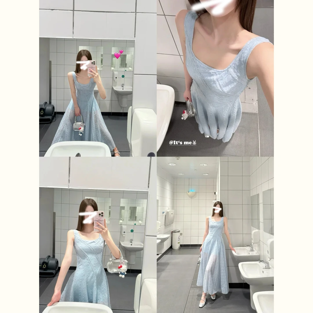 夏季纯色蕾丝u领背心纯欲连衣裙仙女飘飘高级感气质海边度假长裙