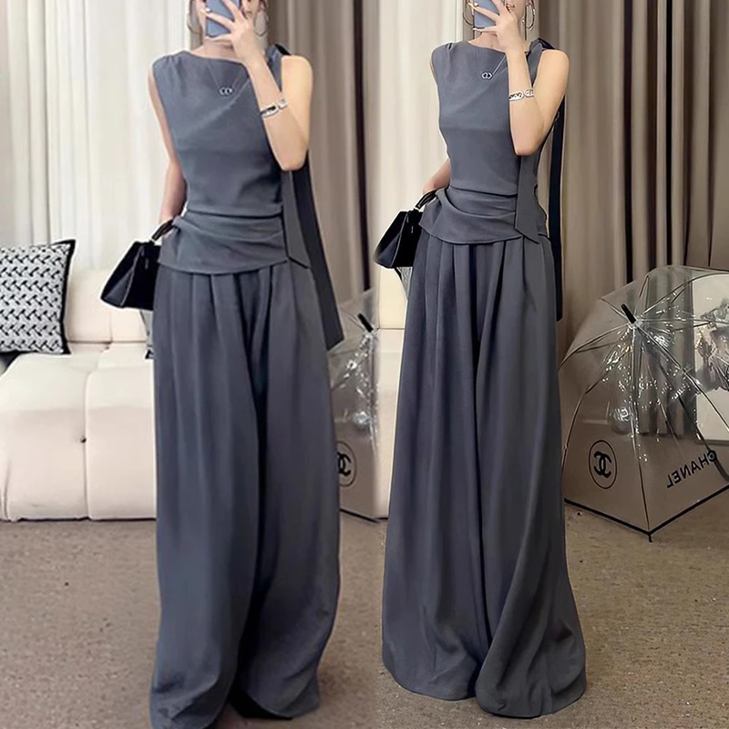 洋气时尚百搭上衣收腰阔腿裤套装夏季新款时尚宽松优雅大气套装女