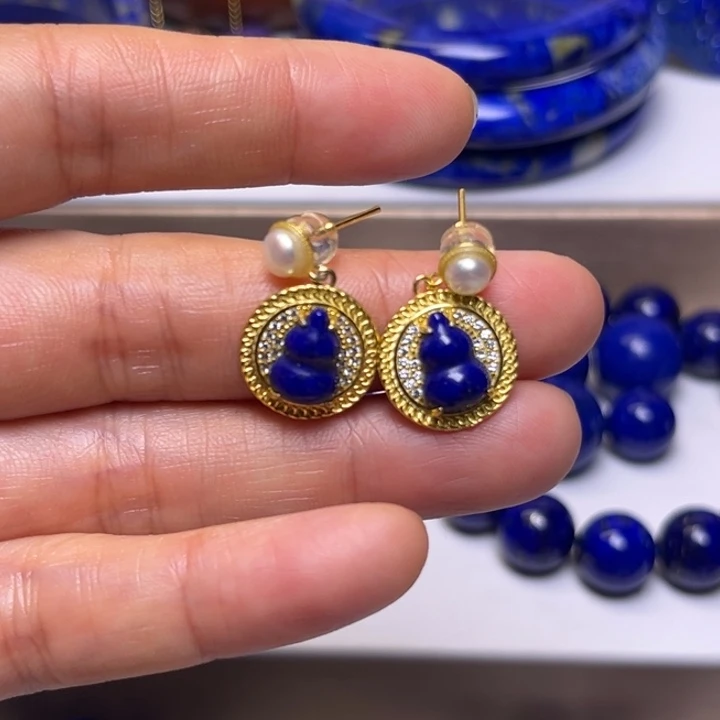 青金石耳饰银S925镶嵌葫芦耳钉