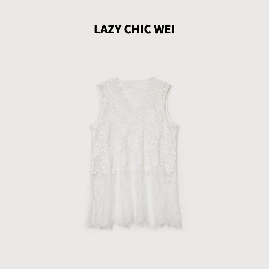 WEI 100棉V领侧开叉宽松百搭春夏蕾丝打底背心 25SSW1110