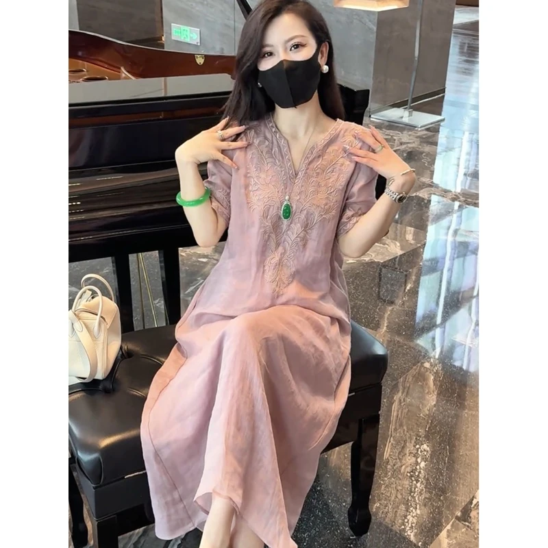 裙子夏季常规国风显瘦刺绣夏装女装减龄高腰短袖连衣裙