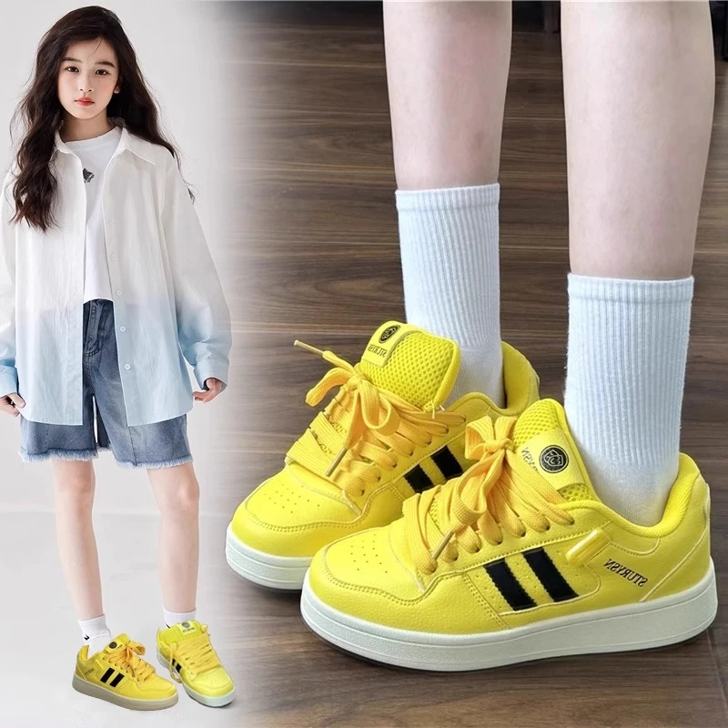 女童纯色2025新款休闲百搭面包鞋防滑低帮透气运动鞋黄色学生板鞋