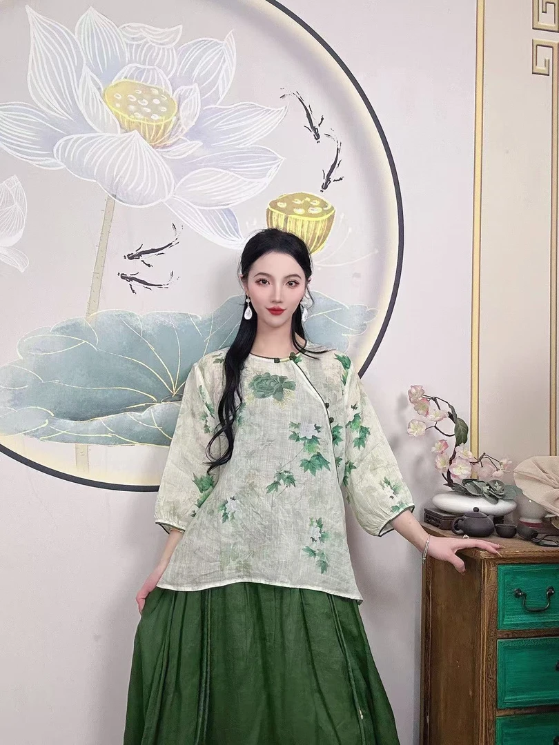 【牡丹款】复古国风纯苎麻印花夏季圆领斜襟盘扣中长款茶服上衣
