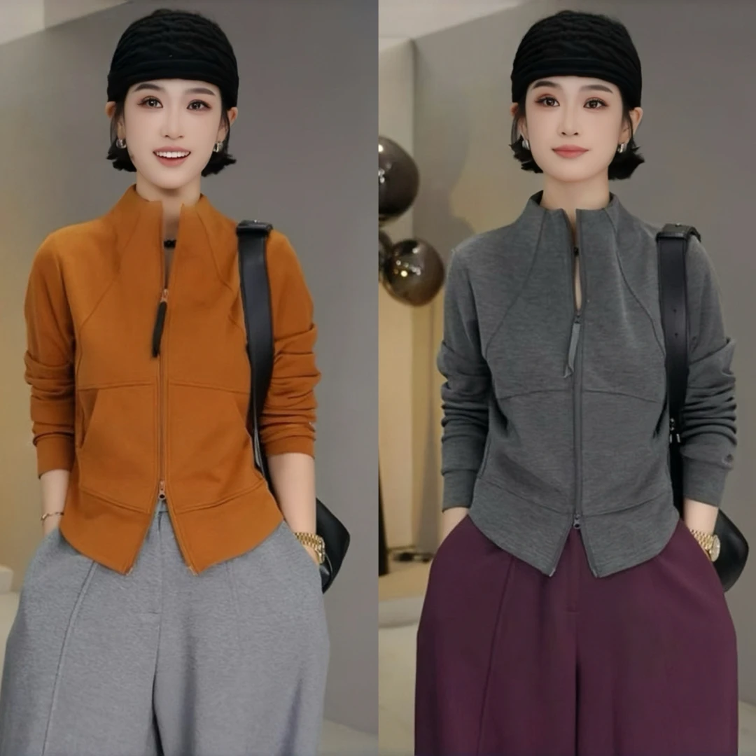 雅鹿时尚双拉链立领卫衣外套女秋季新款潮流修身显瘦长袖打底上衣