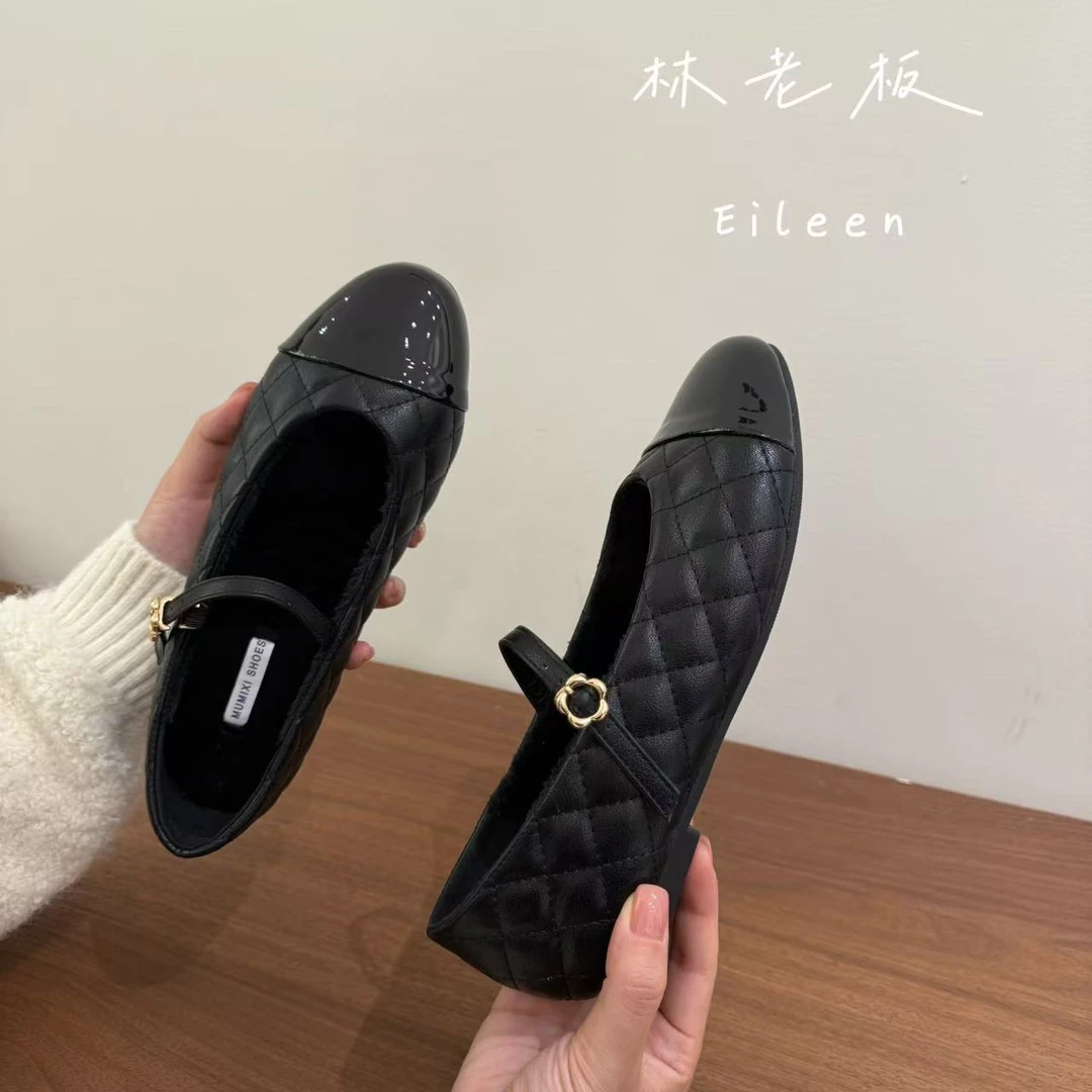 韩版黑色单鞋法式小香风菱格圆头小众百搭玛丽珍千金风平底单鞋