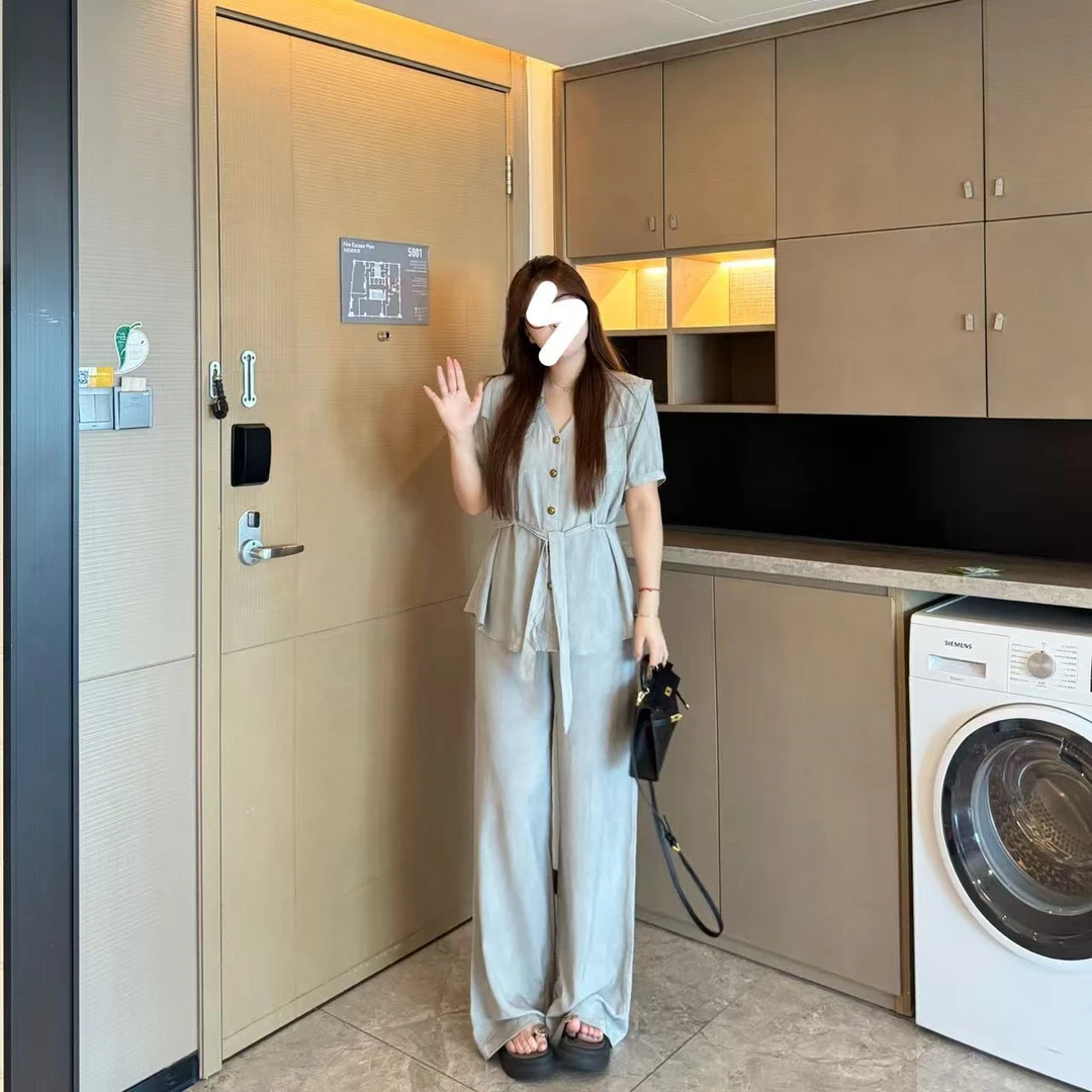 盈盈&南岛风大码女装休闲绑带上衣夏季胖mm显瘦长裤套装ZYY1969