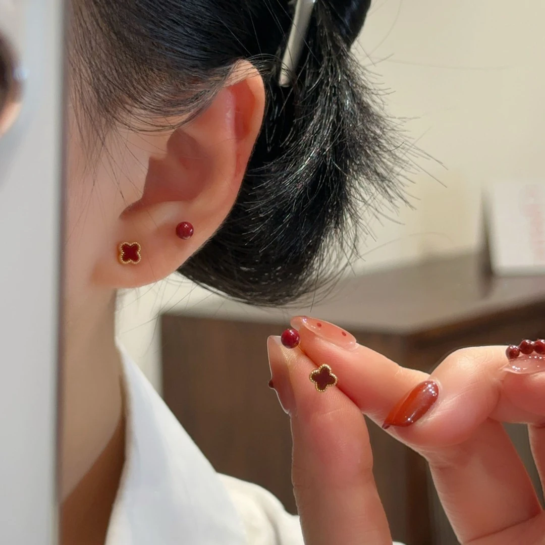 铜合金耳饰 31 安可拉红四叶草耳钉四件套轻奢高级感耳环耳饰