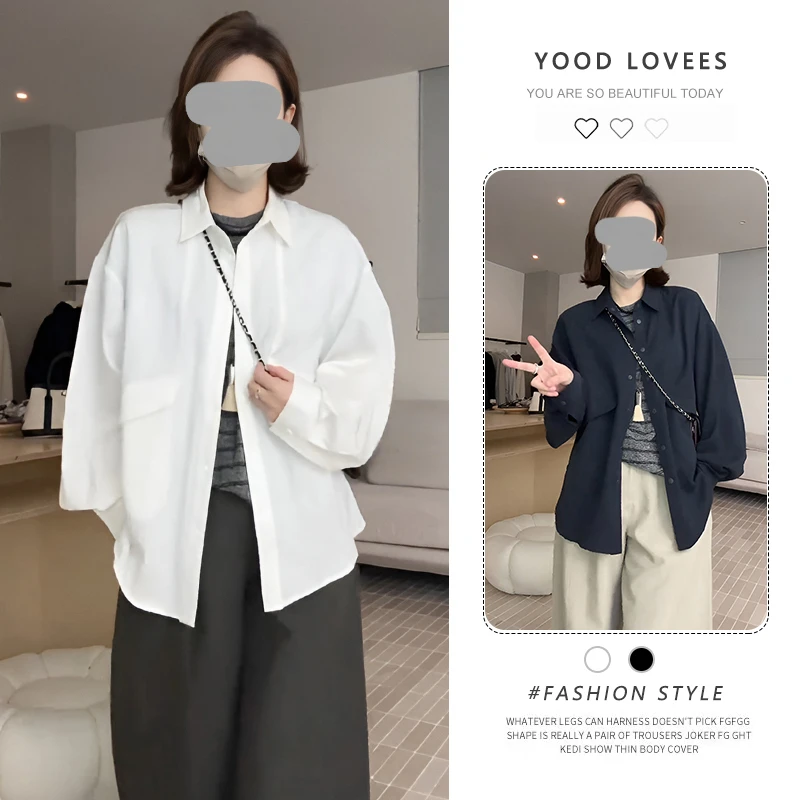 休闲百搭宽松慵懒松弛感白色短外套2025春秋新款廓形长袖衬衫上衣
