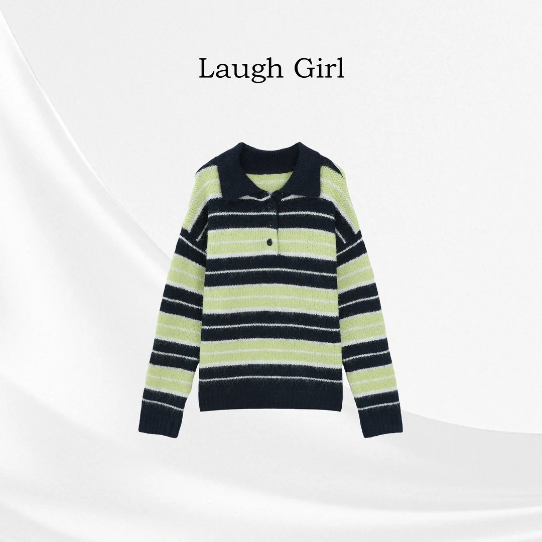 楚楚君 Laugh girl【质感条纹】翻领条纹拼色针织毛衣XL531096J