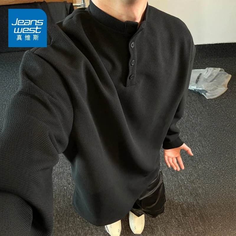 真维斯cleanfit亨利领长袖t恤男潮牌痞帅大码高级感上衣美式卫衣