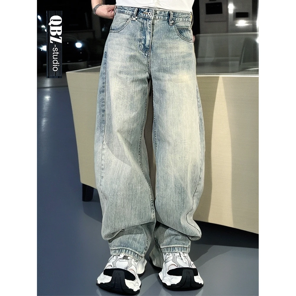 巴黎冰蓝色复古水洗浅蓝弯刀宽松直筒牛仔裤男破洞阔腿松弛感长裤