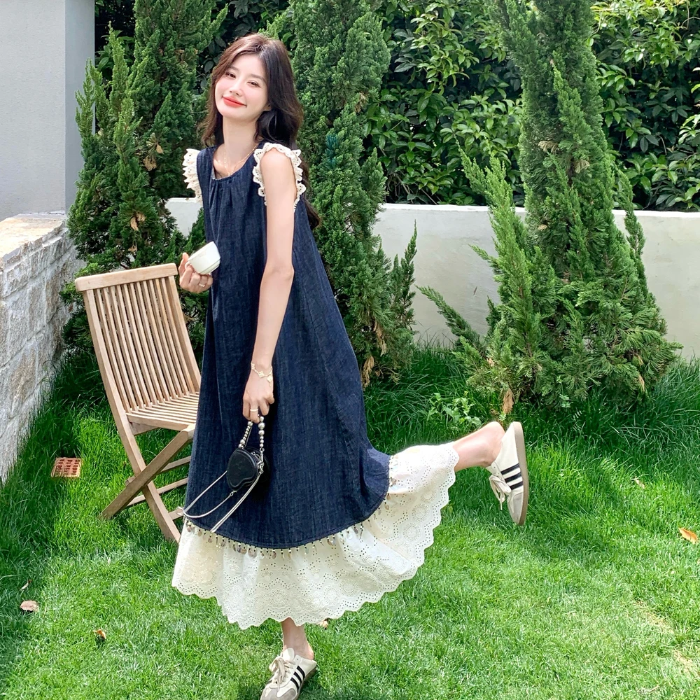 洋气漂亮蕾丝拼接牛仔小飞袖连衣裙女2025夏季宽松减龄显瘦长裙子