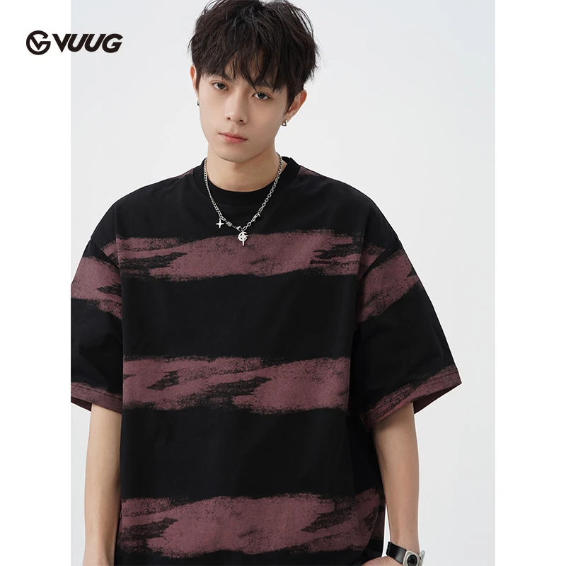 VUUG水墨扎染刺绣短袖t恤男士夏季2025新款国潮重磅纯棉宽松上衣