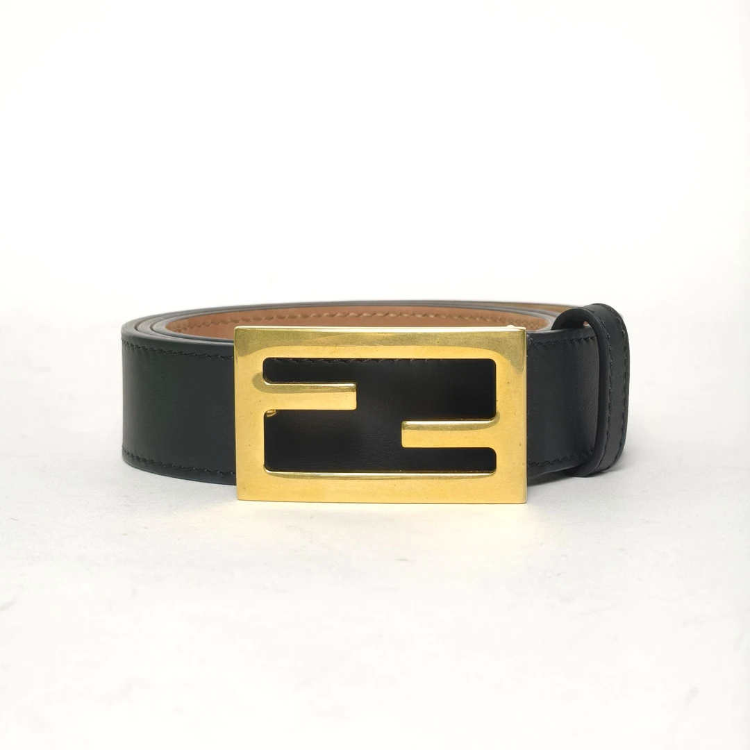 99新 FENDI/芬迪 【小花黑黑】 黑色 经典FF金扣 腰带 80CM