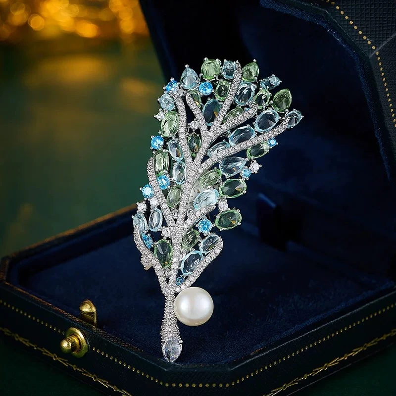 铜锆石胸针 9180 海蓝树叶 简约轻奢优雅西装外套胸花配饰胸花