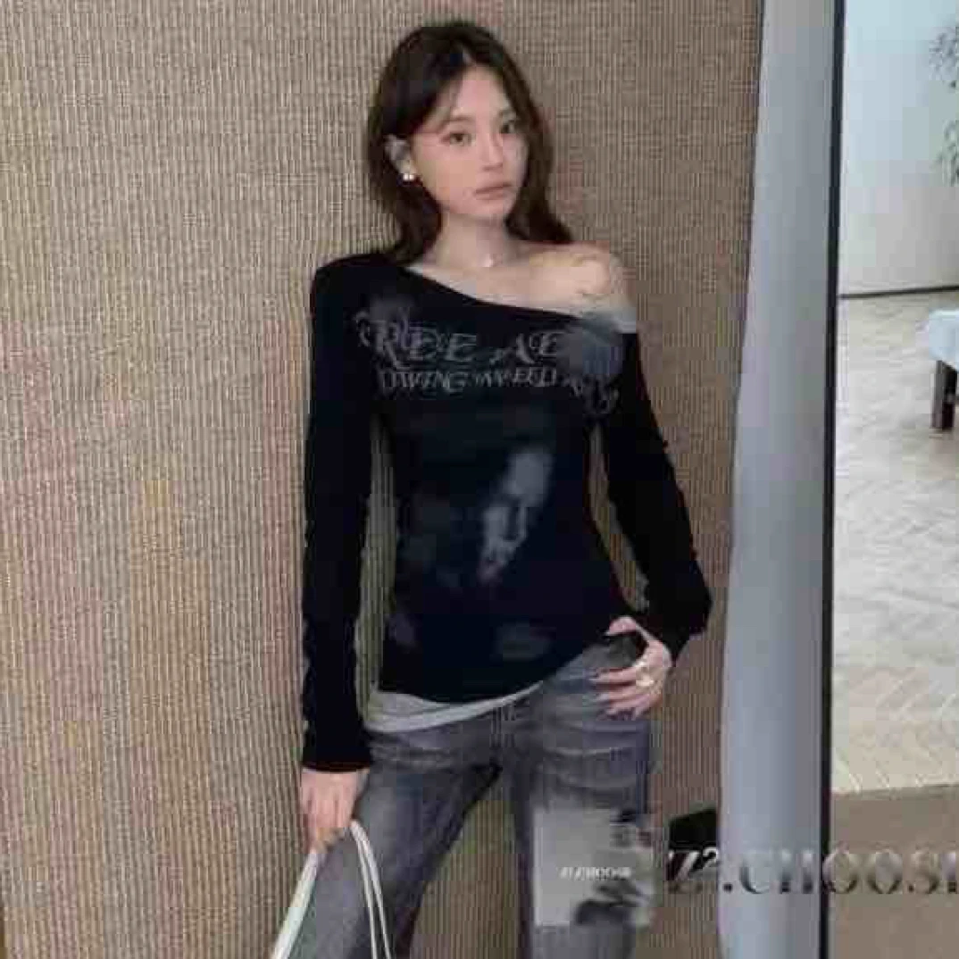 百搭字母灰黑色常规款韩系T恤长袖抗皱印花圆领