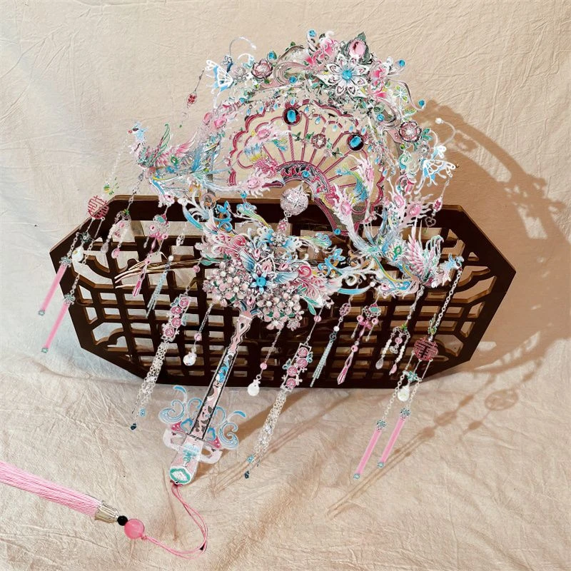 超出片钢达粉色凤冠喜扇手工diy金属拼装模型3d拼图立体女生摆件