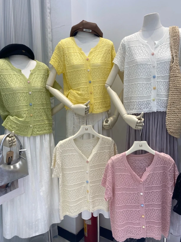 纯色三分袖短袖常规镂空毛针织衫小香风开衫上衣夏季短款蕾丝