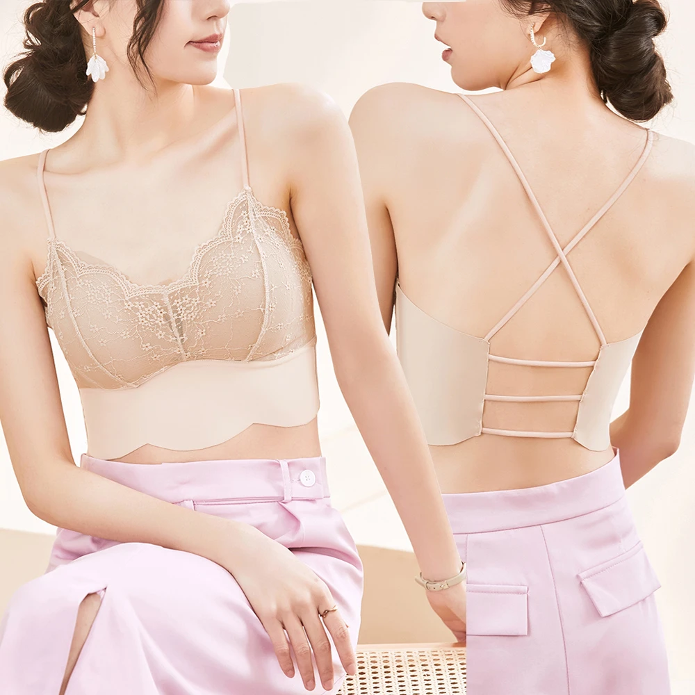 媚姬9968性感蕾丝美背小胸文胸一体夏天薄款聚拢少女小背心吊带