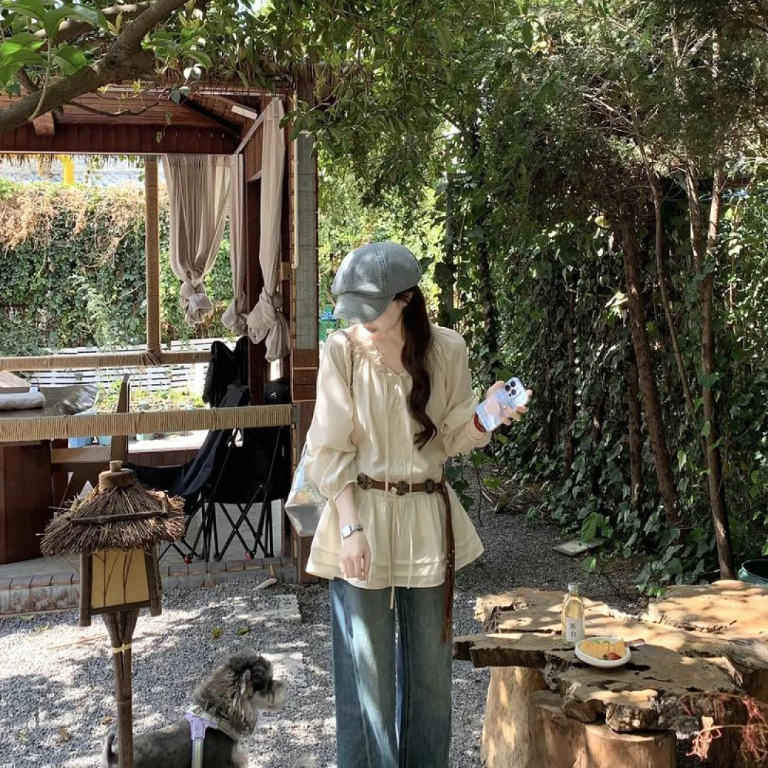 2025春夏新款韩系温柔风木耳边设计抽绳衬衫上衣搭配牛仔裤两件套