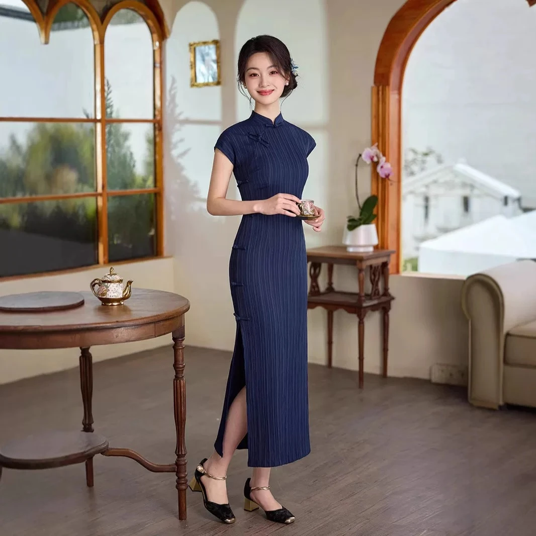 《往事》复古民国风蓝色旗袍改良新中式少女连衣裙2025新款日常5951