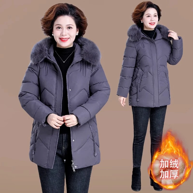 名牌妈妈冬装加绒加厚羽绒棉服中长款外套中老年加厚保暖棉袄