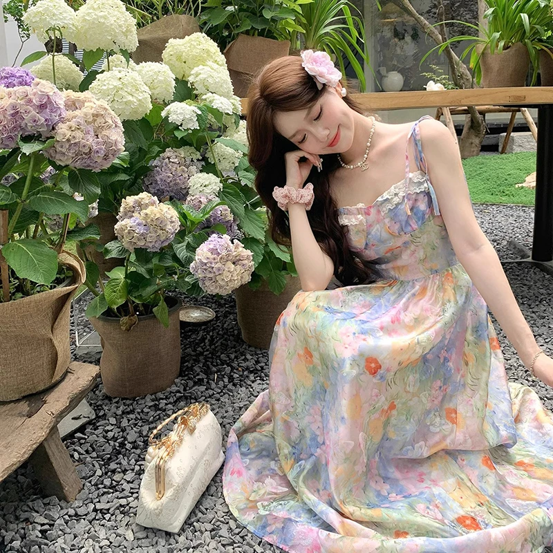 【文文】【有里布】吊带裙连衣裙夏超好看沙滩度假风碎花长裙子D1270