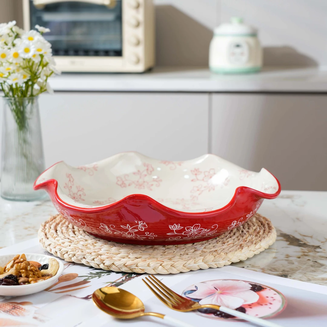 新疆包邮 【红浮雕】手绘复古12寸松弛感加厚陶大盘鸡辣子鸡盘