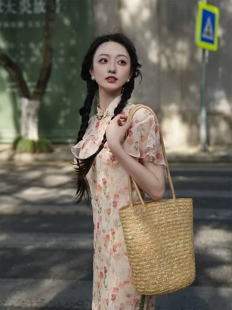 0893 黄色 【等花】 水滴领 套头 旗袍