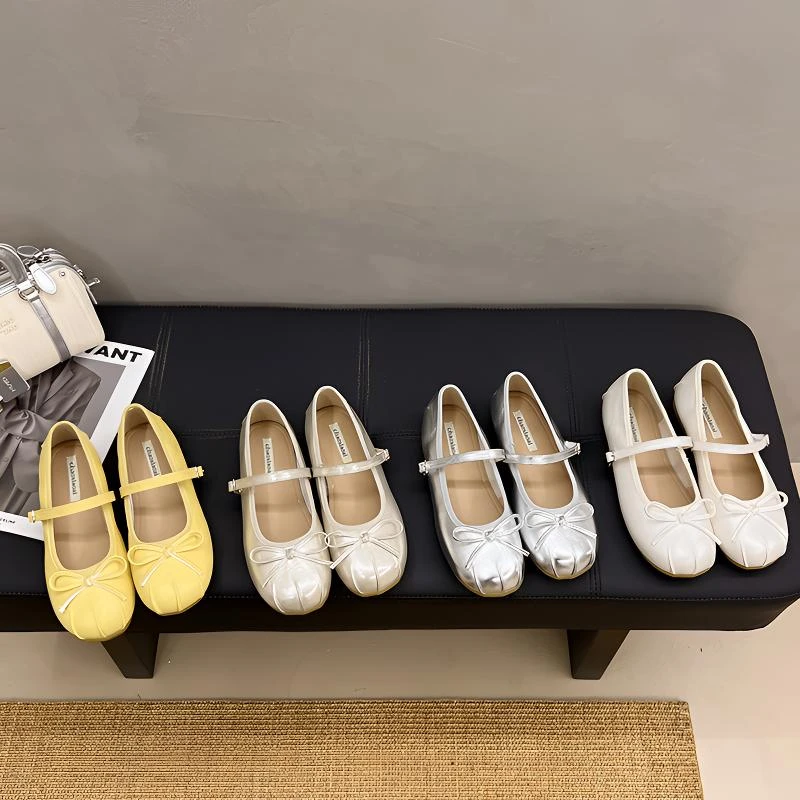 韩版平底一字带玛丽珍小皮鞋女2025新款夏方头褶皱蝴蝶结百搭单鞋