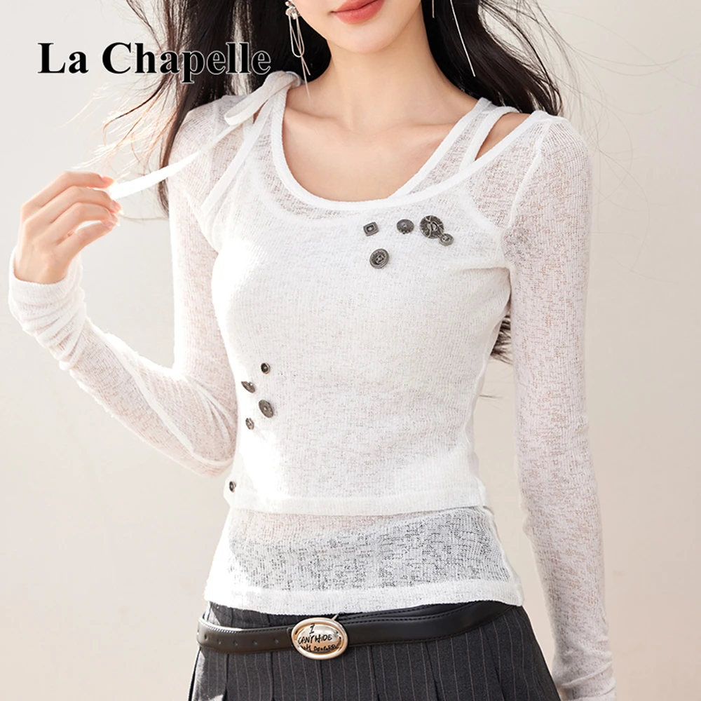 拉夏贝尔双层雪花面料打底T恤衫女金属扣设计修身百搭针织衫上衣